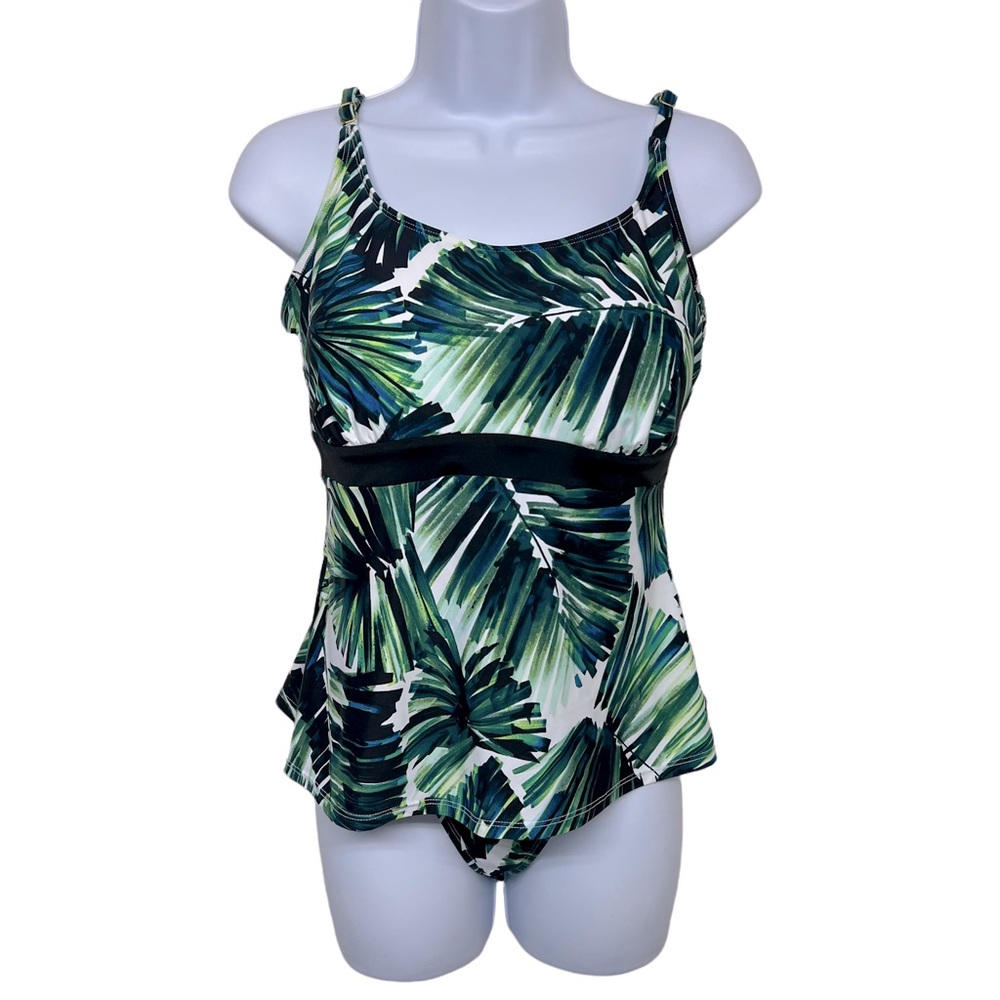 MYNAH Swimsuit Tankini Top Bikini bottom Size L Green White Tropical Pad…